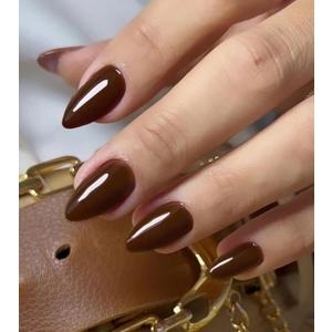 Morily Press on Nails Almond, Dark Brown Short Fake Nails with Designs Reusable Acrylic False Nails Glossy Full Cover Stick on Nails for Women