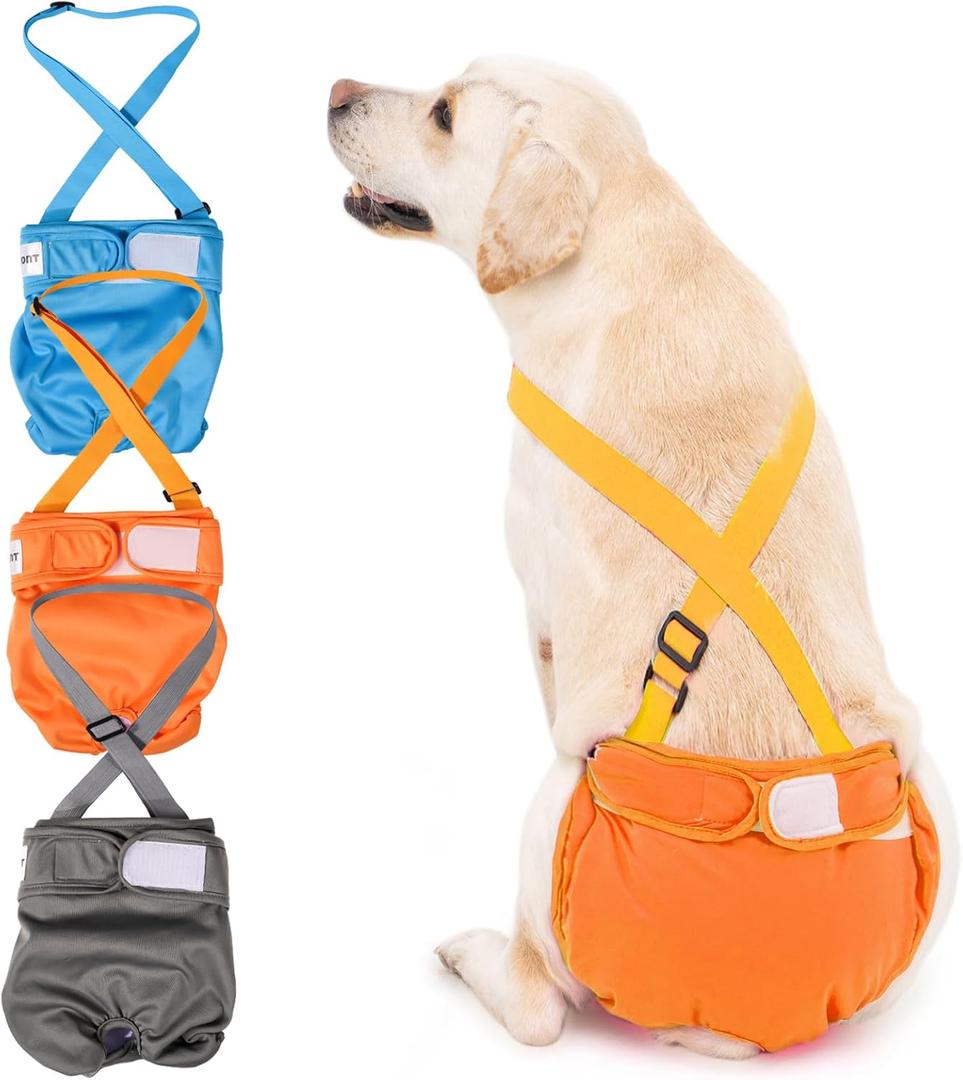 3 Pack Avont Washable Female Dog Diaper with Suspender, Reusable Girl Doggie Diapers for Small Medium Large Doggy in Heat Cycle Period Incontinence -XL Blue/Orange/Grey