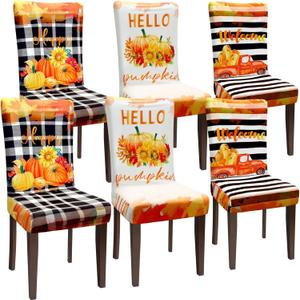Preboun Fall Chair Covers Set of 6 Thanksgiving Dining Protector Stretch Autumn Pumpkin Truck Maple Leaves Slipcovers Removable Washable for Dining Hotel Party Wedding