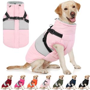 AOFITEE Dog Coat, XLarge Dog Jacket, Dogs Coat with Harness Built in, Reflective Waterproof Dogs Jackets Winter with Furry Collar, Warm Polar Fleece Pet Sweater Snowsuit for Doberman, Great Dane, XXL (Pink)