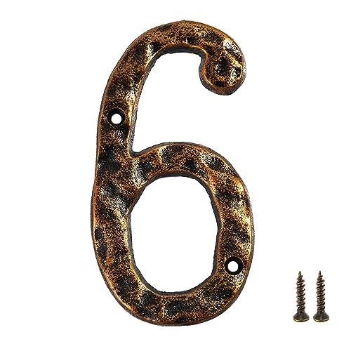 HILAZA 5.5 Inch Cast Iron House Number 6, Rustic Bronze Metal Address Numbers for Outside House, Heavy Duty Decorative Door Numbers for Mailbox Wall