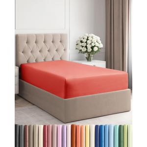 Twin Fitted Bed Sheet - Bottom Single Fitted Sheet Only - Ultra-Soft Hotel Luxury Bedding w/ 8-16 Inch Deep Pockets - Breathable, Cooling & Wrinkle Free - Easy-Care, Fade & Shrink Resistant - Coral