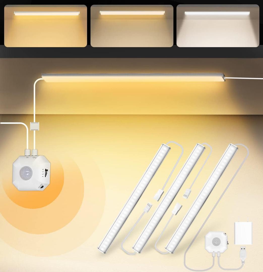 MATICOD Under Cabinet Lights, 3 Colors Motion Sensor Light Indoor Under Cabinet Lighting with Warm White Cold White Daylight for Kitchen LED Closet Lights
