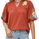 Women's Boho Floral Embroidered Cotton Blouse Casual V-Neck Puff Short Sleeve Loose Tunic Top for Summer Shirt, XL