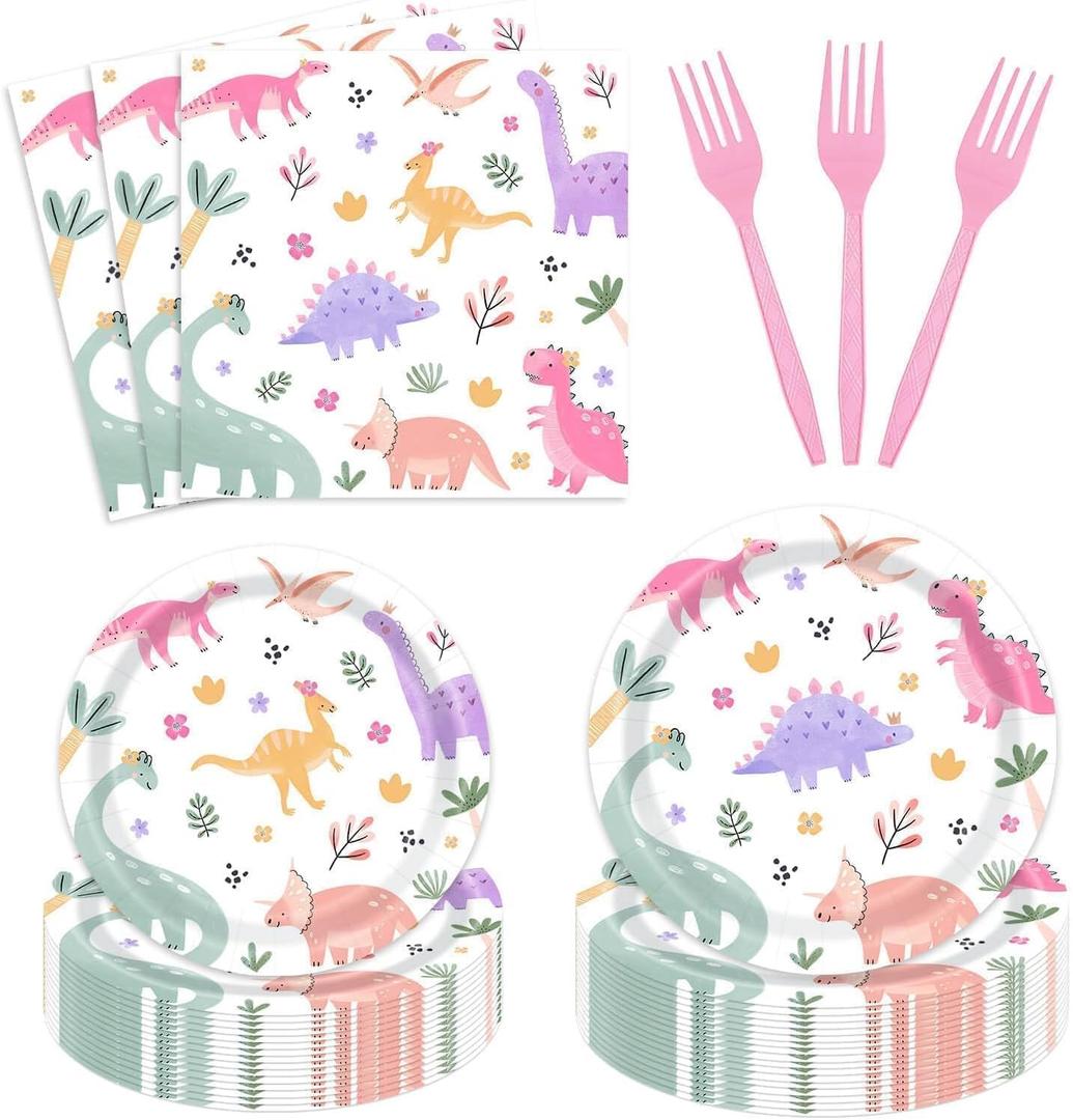 96 Pcs Pastel Dinosaur Birthday Party Decorations Girl Three Rex Two Rex Birthday Paper Plates Napkins Forks Disposable Dinnerware Set for 24 Guests Party Tableware