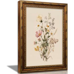 Vintage Gold Framed Botanical Wildflower Wall Art Rustic Botanical Canvas, 24"L x 16"W