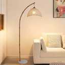 Retro Floor Lamp Unique Bamboo Color Floor lamp Bohemian Hanging Arc Floor Lamp with Antique Rattan Style Vertical Standing tall Lamp for Bed Room Farmhouse Study Living Room Indoor decoration