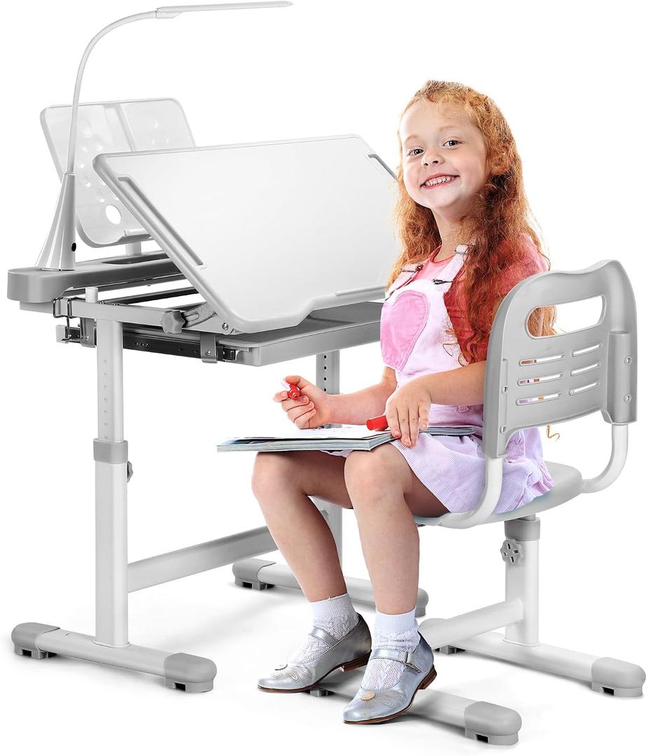 Rengue Kids Desk and Chair Set, Height Adjustable Children School Functional Study Desk with 55° Tiltable Desktop, 3 Modes & Brightness LED Light, Storage Drawer & Metal Hook for Boys Girls (Grey), 28.74" L x 19.69" W x 28.74" H