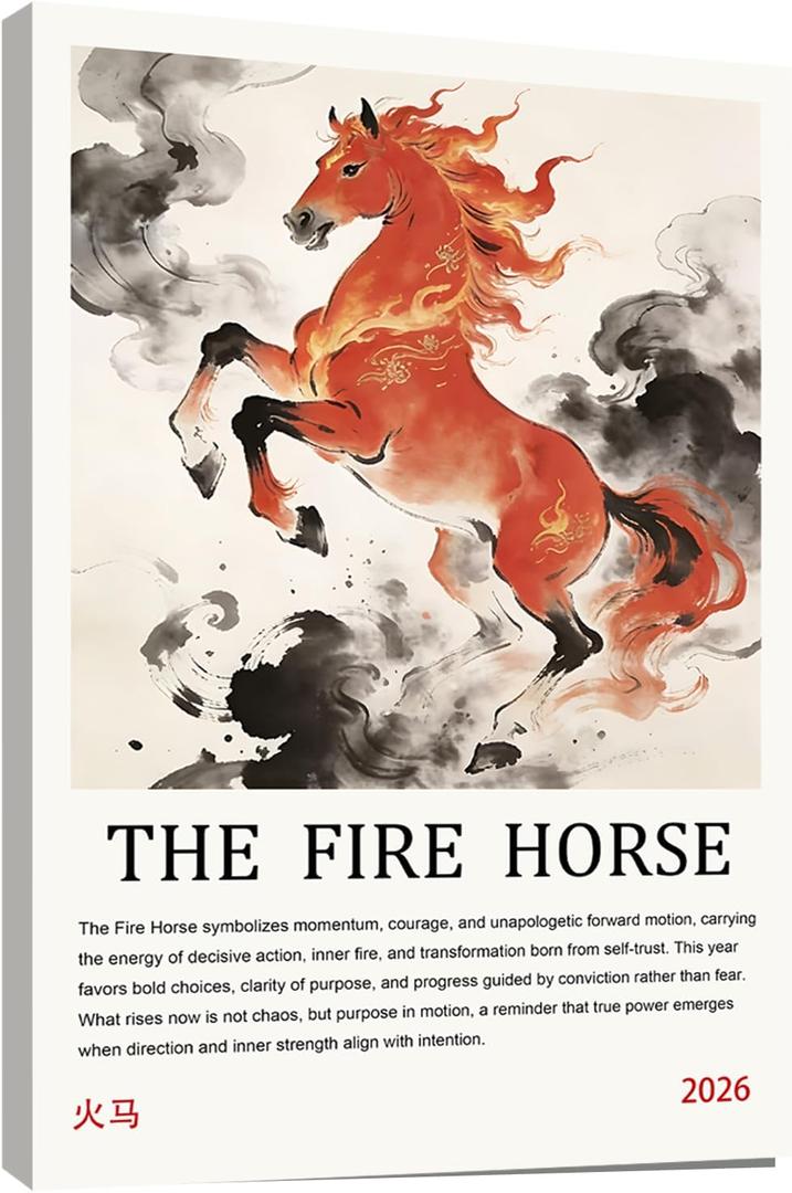 Pormipone Fire Horse Canvas Wall Art 16x24 Framed Horse Decor