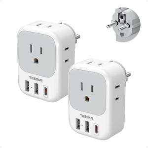 TESSAN 2 Pack Type E F Plug Adapter, Germany France Power Travel Adaptor with 3 USB Charger(1 USB C PD 20W), 4 Outlets Schuko Plug for US to Europe Spain Iceland Korea Greece Russia German French