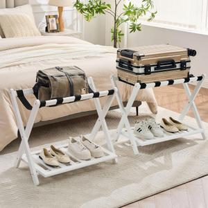 Fully Assembled Luggage Racks Pack of 2, Upgraded Bamboo Foldable Suitcase Stand with 5 Nylon Straps, 26.77" Thickened Luggage Stand Holder with Shelf for Guest Room Bedroom Hotel, White