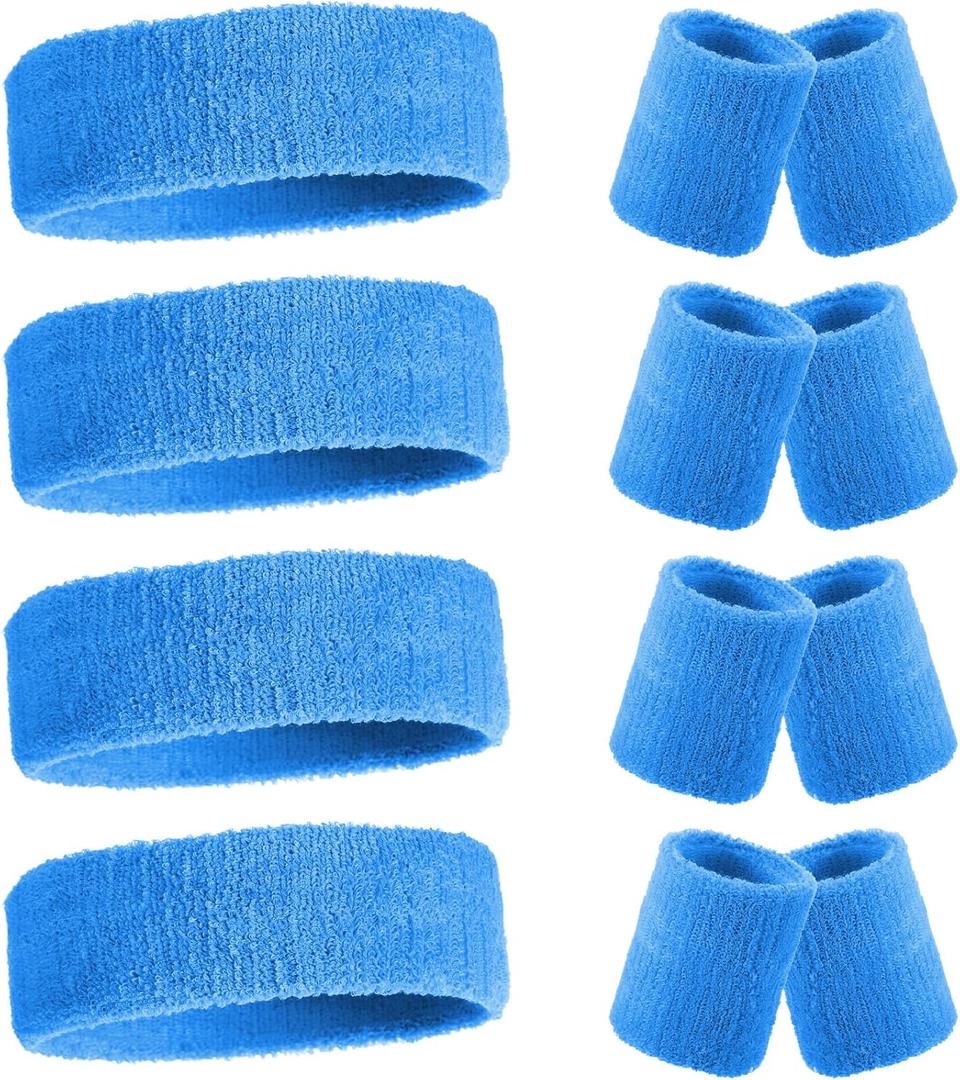 Civaner 12 Pcs 80s 90s Sweatbands Neon Sports Headbands Wristband Set for Men Women Party Cotton Headbands Terry Cloth Athletic Sweat Bands for Tennis Football Gym Outdoor Accessories (Blue)