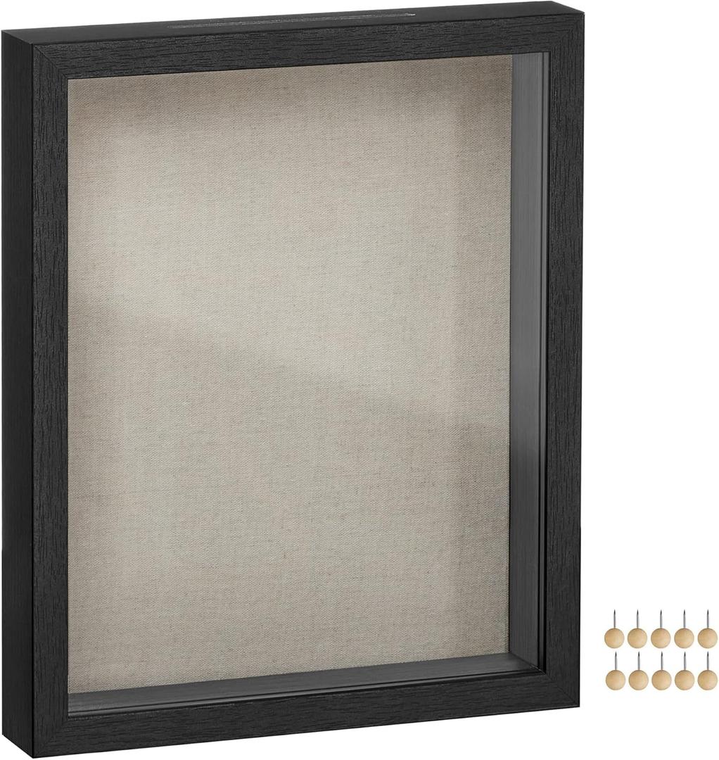 SONGMICS 11x14 Shadow Box Frame, Deep Box Frame with Top Slot and Push Pins, Wood Picture Display Case for Savings, Linen Fabric Backing for DIY Craft, Glass Front, Black, Gift URPF009B01