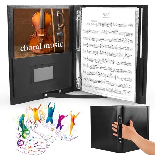 Choral Music Holder, Leather Sheet Music Folder Black, 3 Ring Binder with Handle and Strap for Choir Singer, Stage Performance, Fits Letter Size 8.5 x 11 inch