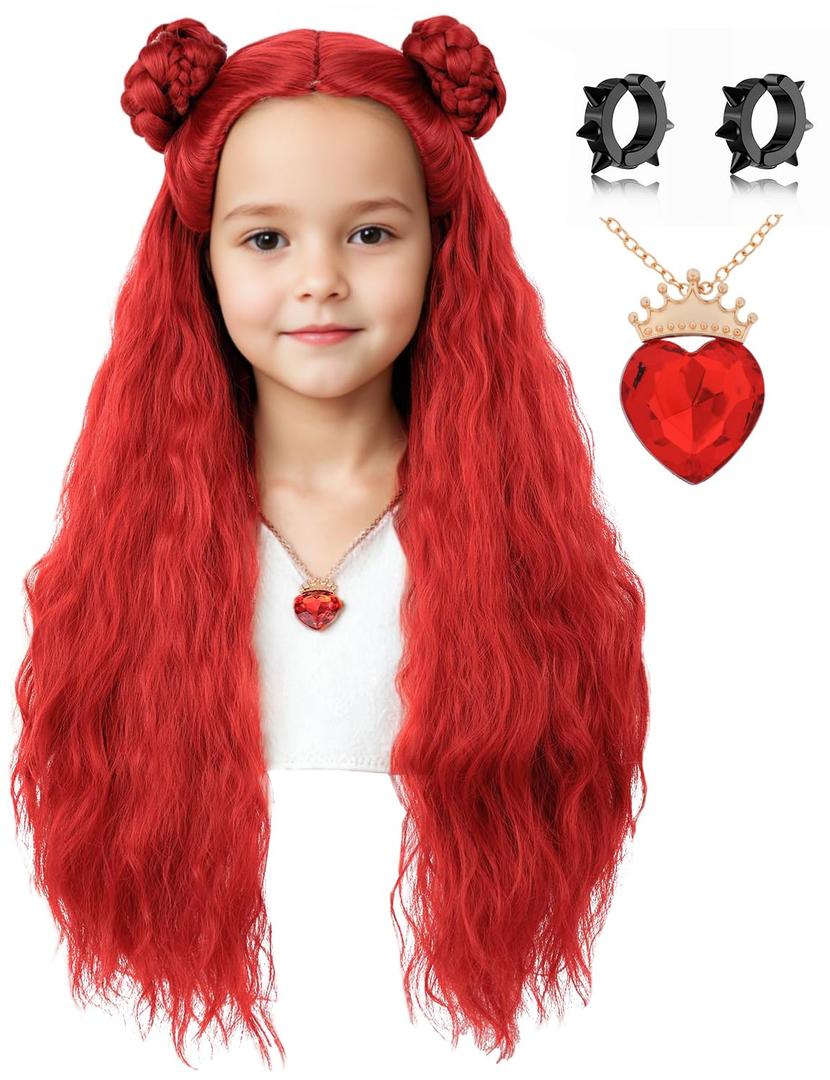 Kids Long Wavy Red Wig with Braided Hair Buns Wigs for Girls Cosplay Halloween Costume Party Including Necklace and Ear Clips (Kids)