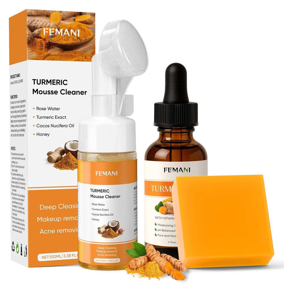 Turmeric Face Wash Set, Turmeric Facial Cleanser & Turmeric Soap Bar & Oil for Face & Body Suit to All Skin Type, Protect Sensitive Skin Improve Skin Condition Soothing Irritation