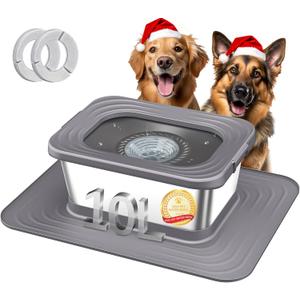 Decflow 10L Stainless Steel Dog Water Bowl, No Spill Anti-Splash Dog Bowls with XXL Silicone Mat, Spill-Proof Slow Feeder for Messy Drinkers, Heavy Duty Pet Bowls for Indoor/Outdoor Use Grey