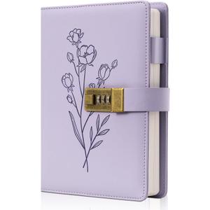Lock Diary for Women Diary with Lock for Girls A5 Leather Locked Journal 260 Pages 100 GSM Refillable Journal with Lock for Teens Secrets Flower Journals with Combination Passwords, 5.7"x8.3", Purple