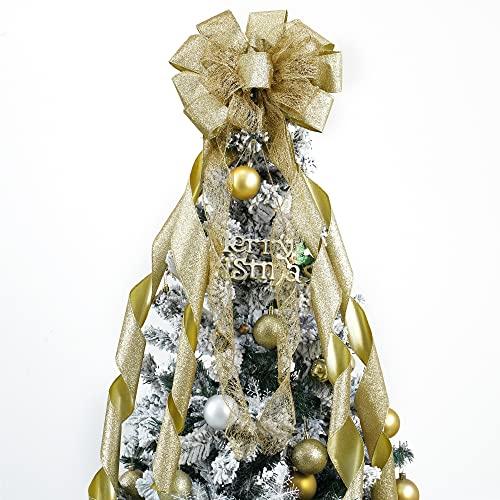 MEEDEE Gold Christmas Tree Topper Gold Glitter Christmas Bows 12" Wide Snowflake Ribbon Bow Gold Christmas Bows Gold Christmas Topper Large Gold Bows for Christmas Tree Decoration (1 Pack)