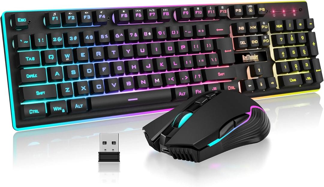 RedThunder K10 Juego de mouse y teclado inalmbricos, para videojuegos, retroiluminacin LED, recargables, batera de 3800 mAh, sensacin de teclado mecnico, sin ghosting, mouse 7D de 3200 DPI, negro