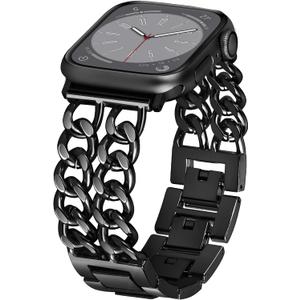 Compatible with Metal Dressy Designer Apple Watch Bands for Women Men 44mm 45mm 46mm 49mm 42mm(Series 3 2 1), Double Chain iWatch Bands for Apple Watch Series 10 SE 9 8 7 6 5 4 3 2 1 Ultra 2 1(Black)