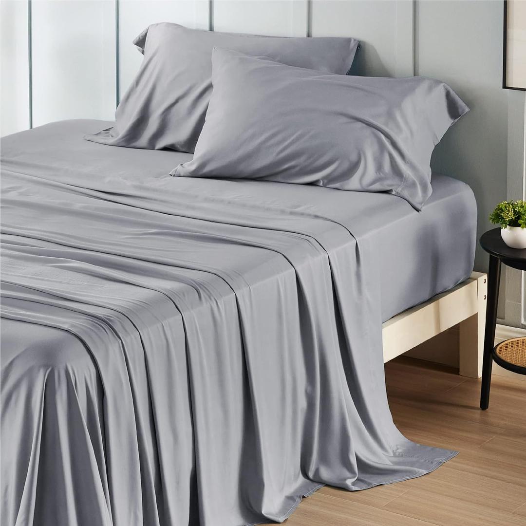 Bedsure Full Size Bed Sheets, Cooling Sheets for Full Size, Rayon Derived from Bamboo, Breathable & Soft Deep Pocket Up to 16 Inches, Hotel Luxury Silky Bedding, Bedsheet & Pillowcases, Silver Grey (04 - Silver Grey)