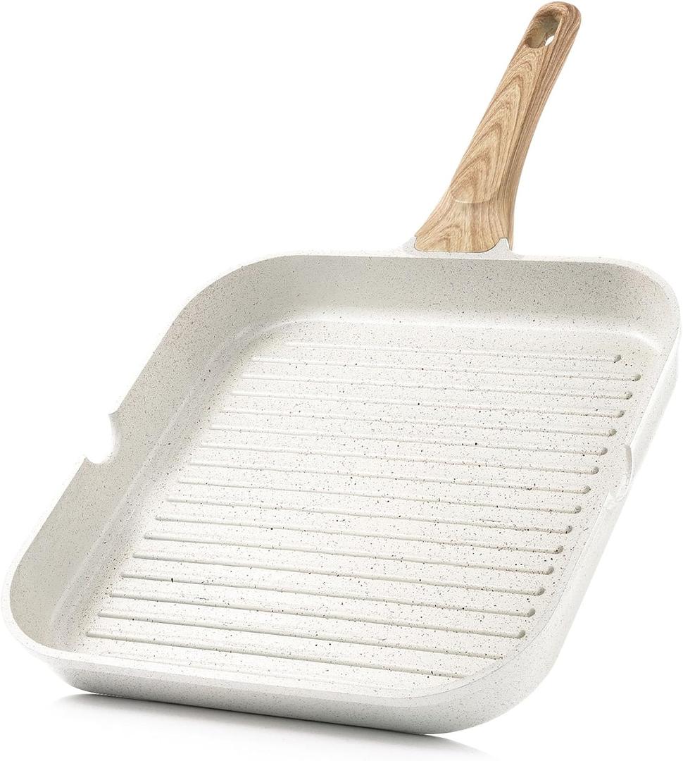 SENSARTE Nonstick Ceramic Grill Pan for Stove Tops, Versatile Square Grilling Pan with Pour Spouts, Durable Grill Skillet for All Stoves(Gas,Electric,Induction) Non Toxic-PTFE,PFAS,PFOA Free, 9.5Inch (9.5 Inch, White Ceramic)