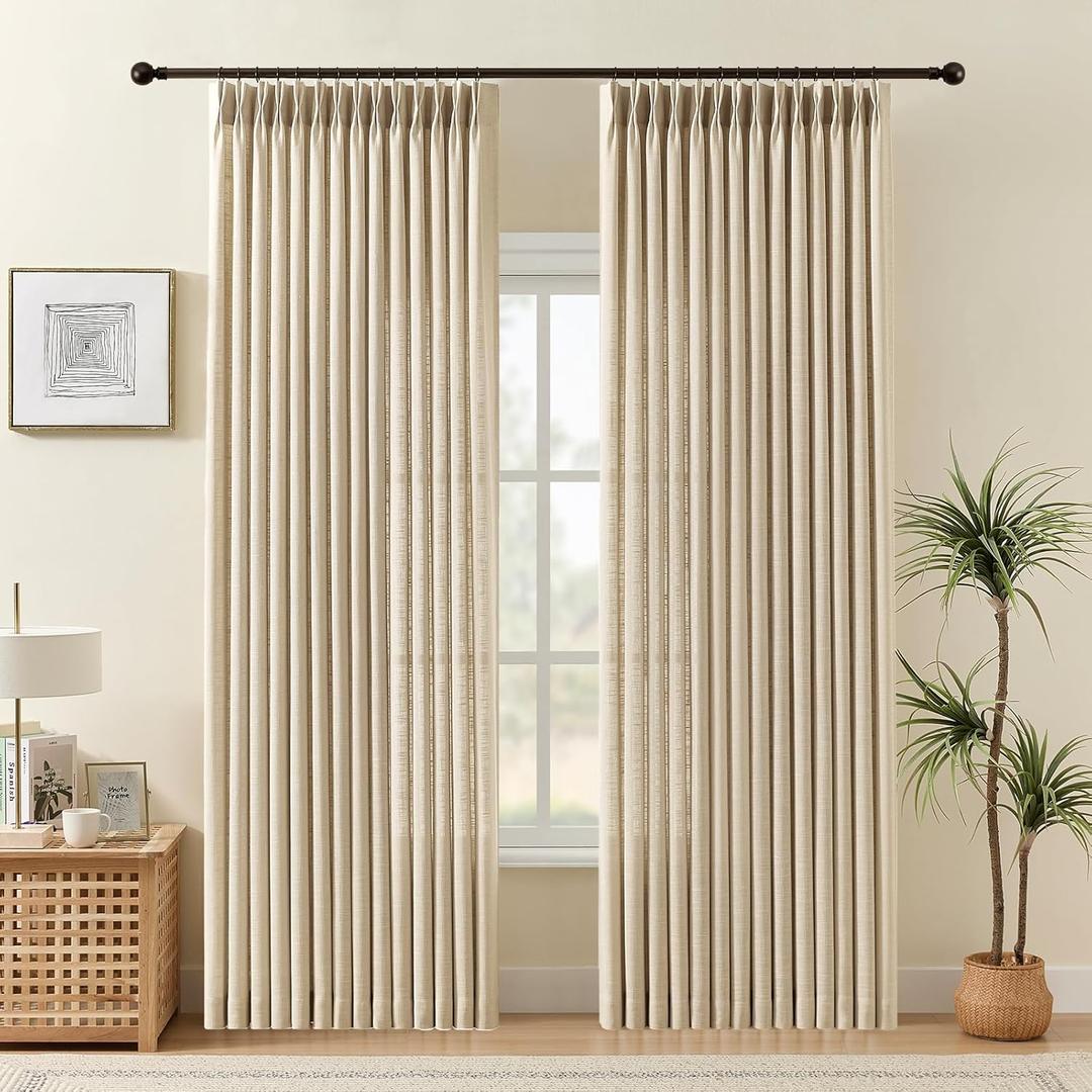 IVAPUPU Sheer Curtains 84 Inches Long for Living Room, Pinch Pleated Linen Blend Curtain Rustic Textured Light Filtering Back Tab Drapes with Hooks Rings for Bedroom Dining Room, Sand Beige, W40xL84