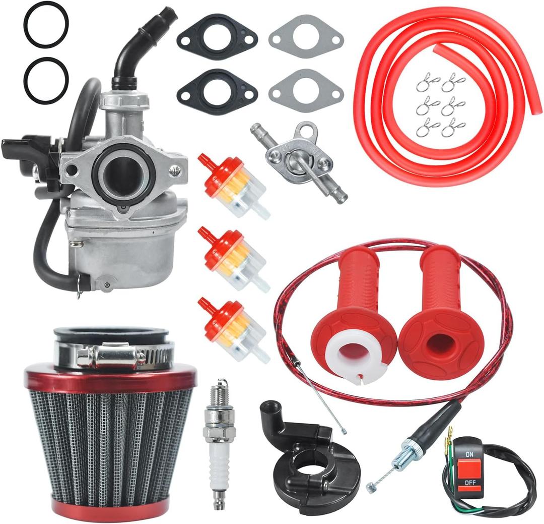 PZ19 Carburetor Carb Air Filter Throttle Handle Grips Cable for 50cc 70cc 90cc 110cc 125cc Tao Tao GK110 Baja SSR Apollo Coolster Chinese Four Wheeler ATV Go Kart CRF50 XL70 Dirt Pit Bike Red
