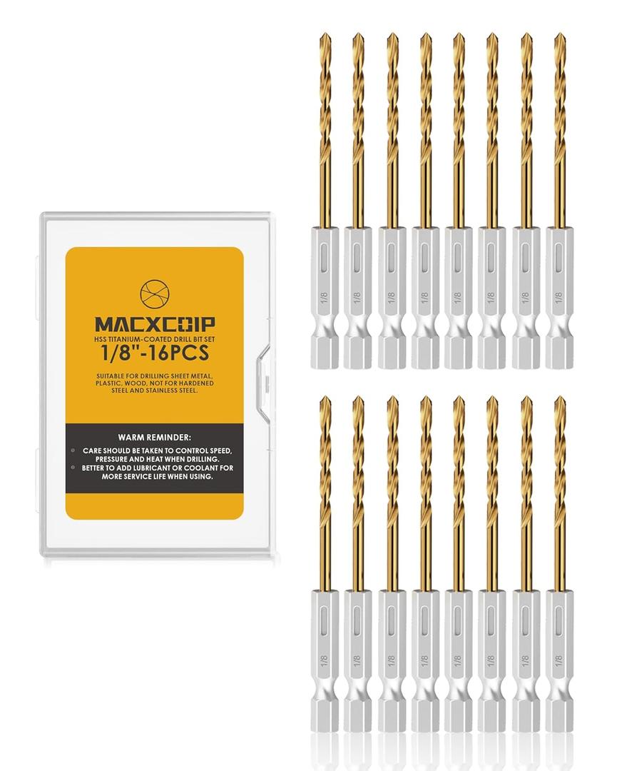 Hex Shank Drill Bit Set, 16Pcs 1/8" HSS Titanium Twist Drill Bit for Sheet Metal, Wood, Plastic, Quick Change Design