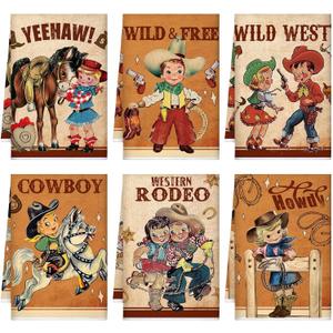 6 Pcs Vintage Western Cowboy Kitchen Towels Retro Cowgirl Dish Towels Truck Horse Hand Towels Absorbent Cowboy Cowgirl Drying Tea Towel Bathroom Housewarming Gifts for Cooking Home Decor