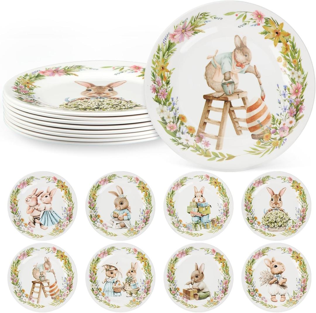 8 Pcs Easter Bunny Salad Plates 8 Inch Dessert Assorted Designs Multicolored Ceramic-like Plates Bunny Dinnerware for Easter Gift, Salad, Appetizer