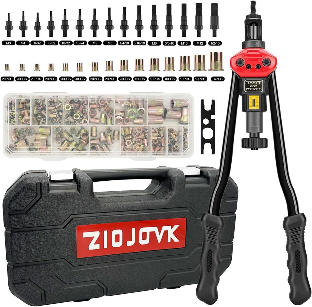 16-Inch Rivet Nut Tool Rivet Nut Kit, with15 Metric and SAE Mandrels, 236Pcs Assorted Rivet Nuts, and Rugged Carrying Case