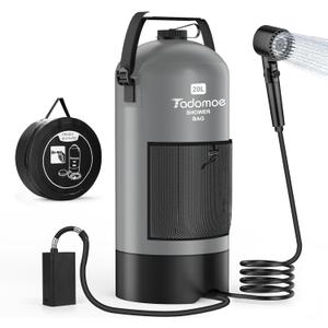 Portable Camping Shower with Battery Powered Pump, 5 Gal/20L Solar Heated Camp Shower Bag, 3-Mode Shower Head & Travel Case for Outdoor Camping, Beach Rinse & Dogs