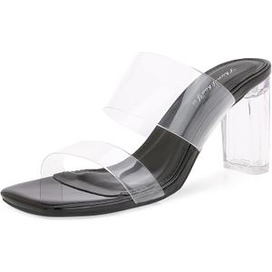Clear Heels for Women Transparent Two Strap Block Chunky Square Heel Sandals Open Toe Slip On Mules for Women (7.5)