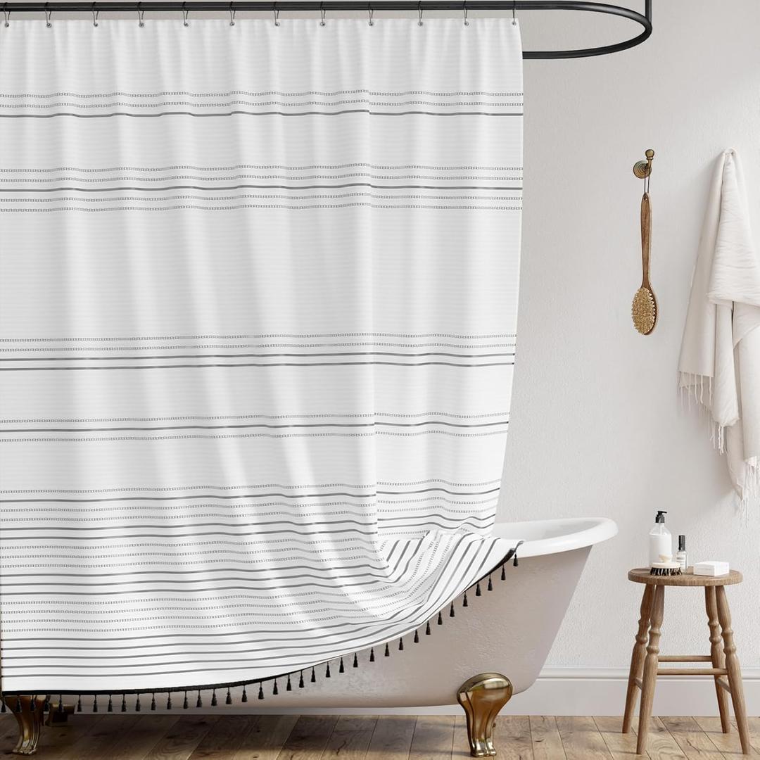 jinchan Boho Farmhouse Fabric Shower Curtain with Tassel Grey and White Modern Striped Waterproof Shower Curtains for Bathroom with 12 Hooks 70x72 inches