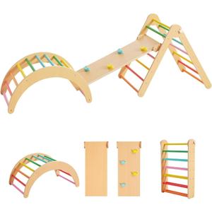 Beright 4 in 1 Pikler Triangle Gym, Montessori Foldable Climber with Ramp, Indoor Climbing Toys for Kids, Climbing Triangle for Toddlers Arch Climber, Rocker, Learning Waldorf Children Toy, Rainbow (Colored)