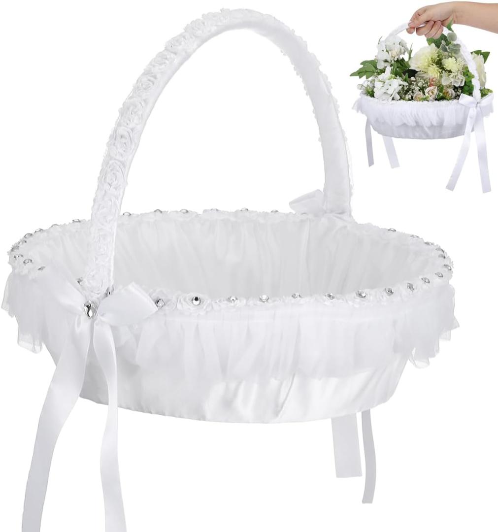 STOBAZA White Flower Girl Basket for Wedding, Lace Handle Bowknot Fairy Petal Basket for Girls and Kids, Wedding Decoration and Party Supplies