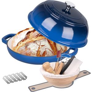 QuliMetal Dutch Oven Bread Baking 5QT Enamel cast iron Oven with Sourdough BreadBaking Supplies like Bread Proofing Basket, Scoring Lame, Dough Whisk for Sour dough, Breadmaking Blue