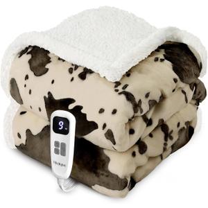blunique Cow Print Heated Throw Blanket Electric Blanket-Heating Blanket Throw with 10 Heat Levels & 10 Hours Auto-Off, Cozy Soft Fleece Sherpa, Washable, 50 x 60 Inches Cow Print Light Brown (03 - Brown Ombre-beige)