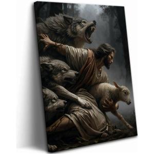 Jesus and Lamb Canvas Wall Art Jesus Saves the Lost Sheep Christian Wall Decor Painting Shepherd Protect a Lamb from Wolves Picture Poster Print Artwork for Living Room Bedroom Church Decor 12x16in