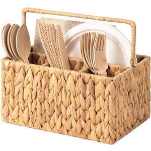 StorageWorks Hand-Woven Wicker Silverware Organizer - Water Hyacinth Cutlery Holder for Countertop with Handle (1-Pack)