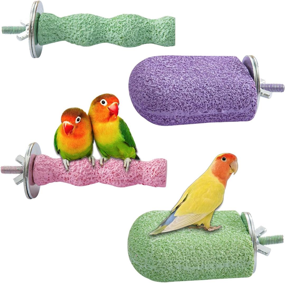 4PCS Bird Beak Grinding Stone,Cage Accessories for Parakeets,Bird Parrot Cage Perch, Stand Platform Foot Claws Trimmer Chewing Toys for Budgies, Parakeets, Cockatiels, Conures