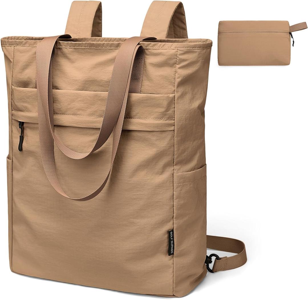 GOLF SUPAGS Foldaway Convertible Tote Backpack Lightweight Nylon Daypack for Women Men City Pack Versatile Backpack for Leisure Travel, Gravel Brown