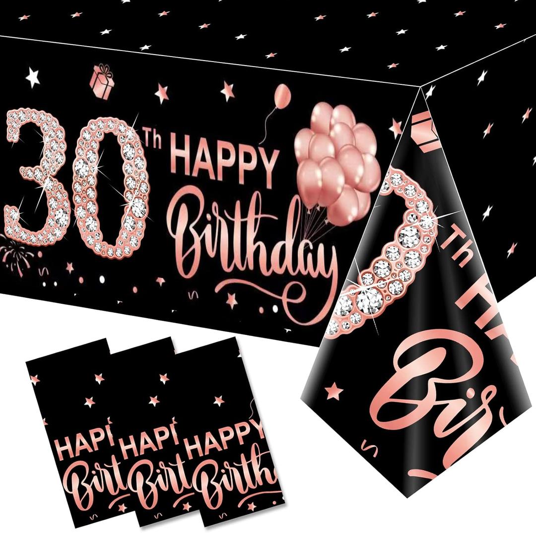 3 Pack Rose Gold Happy Thirty Table Cover - 30th Birthday Party Supplies, Plastic Disposable Rectangular Table Cloth Decor