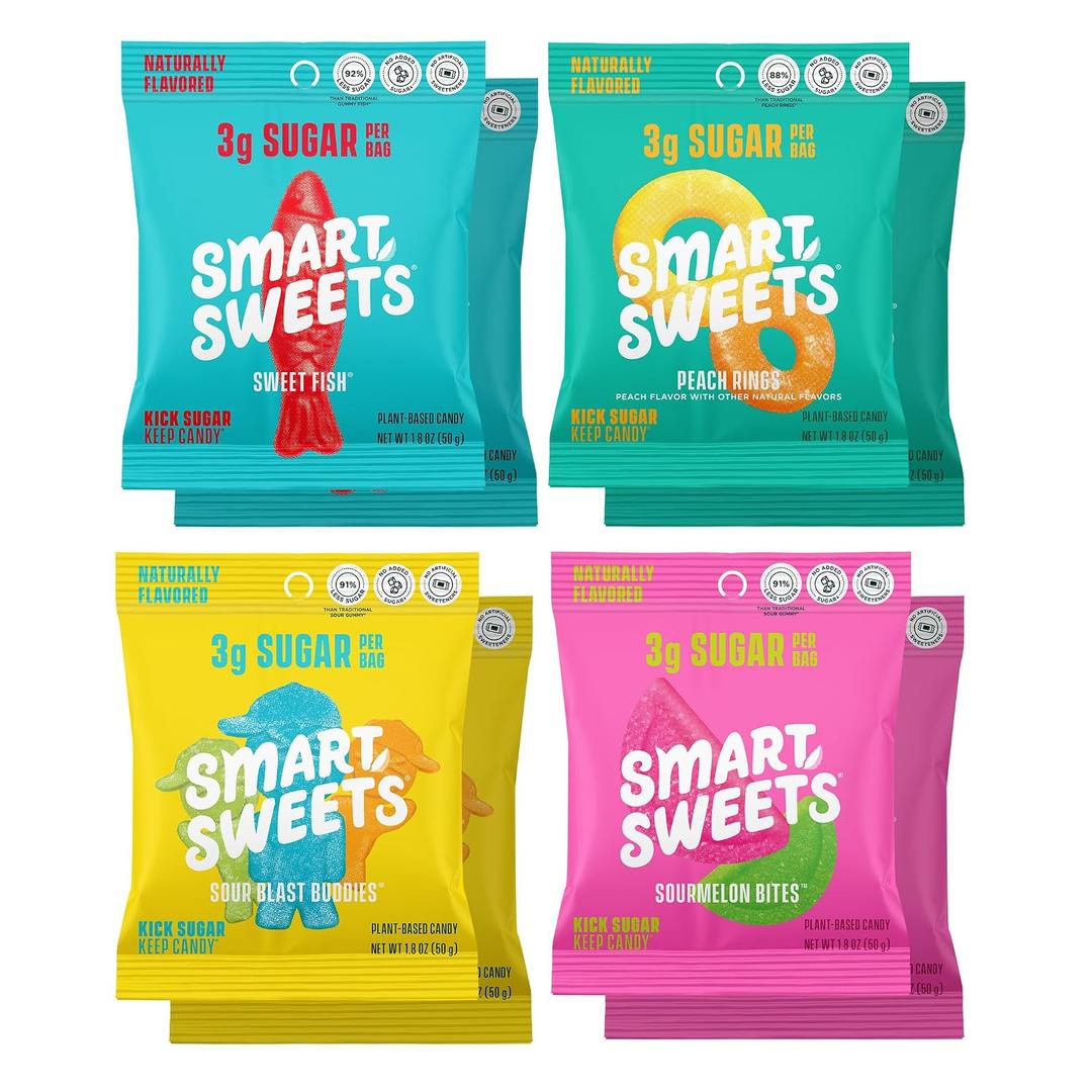 SmartSweets Variety Pack, Gluten Free Gummies, Plant Based Snacks for Adults & Kids, Chewy Candy, Low Sugar, Includes Sweet Fish, Sourmelon Bites, Peach Rings & Sour Blast Buddies, 50g Bags, 8 Pack, Expiry: 02/13/27