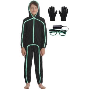 Stick Figure Costume Kids Stickman Jumpsuit with Light up Glasses Halloween Glow in the Dark Outfits for Boys Girls (XX-Large/Height:55"-57", Fluorescent Green)