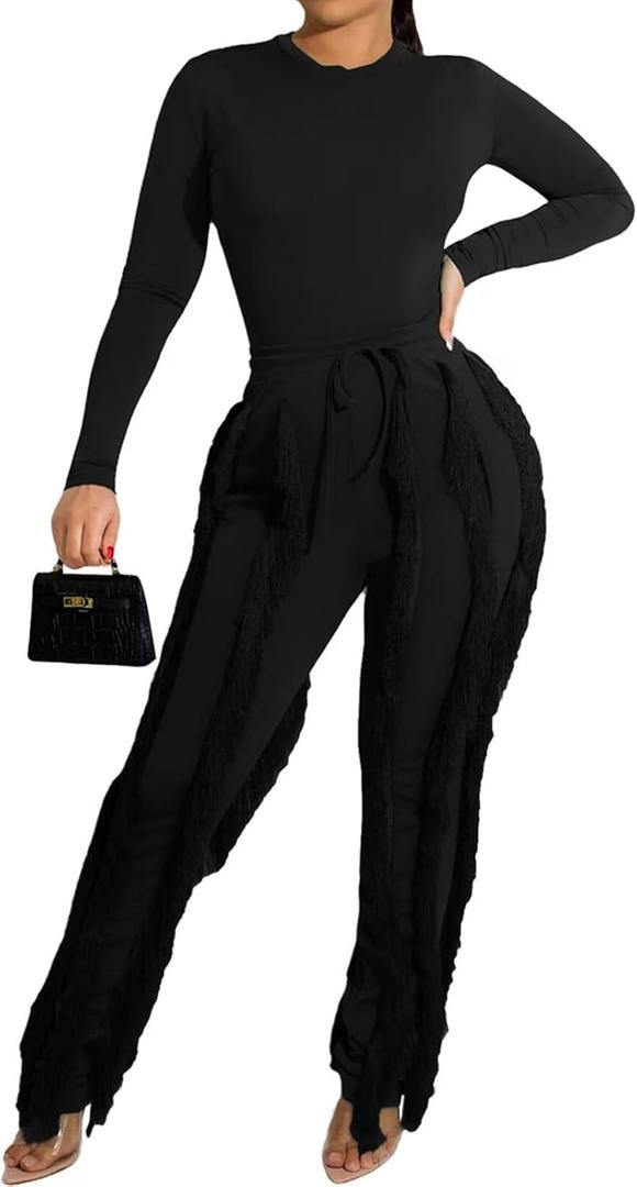 EDITCOZY Women Sexy Two Piece Outfits Fringe Pants Set Long Sleeve Club 2 Piece Sets Going Out Birthday Party Night Black XL