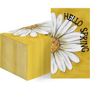 2 x Horaldaily 100 Spring Summer Disposable Paper Decorative Guest Napkins, White Daisy Hand Towel for Party Lunch Dinner Kitchen Bathroom Decoration