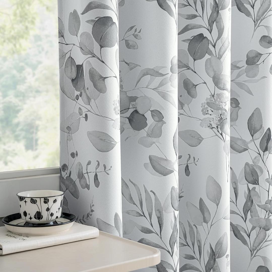 100% Blackout Curtains 90 Inches Long for Bedroom, Grey Floral Printed Curtains for Living Room Darkening Thermal Insulated Watercolor Patterned Drapes, Grommet Window Curtains 2 Panels